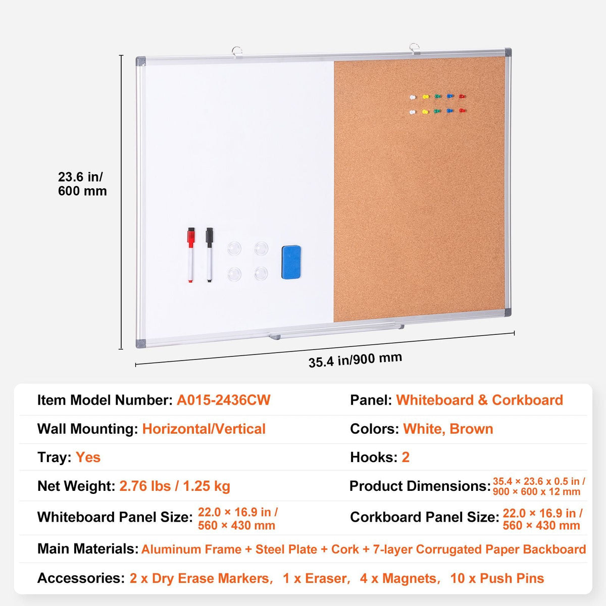 36"x 24" Whiteboard & Cork Board Combo with Aluminum Frame – 2-in-1 Magnetic Dry Erase Bulletin Board for Wall Mount – Ideal for School, Home, Office