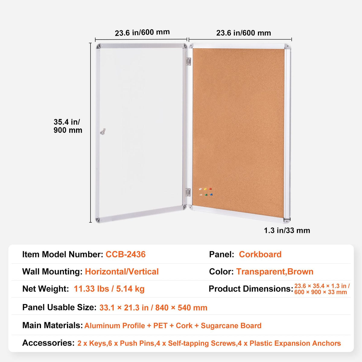 36"x24" Enclosed Cork Board with Aluminum Frame – Lockable Bulletin Board with Acrylic Door & 2 Keys – Weather-Resistant Wall Display Case for School, Home, Office