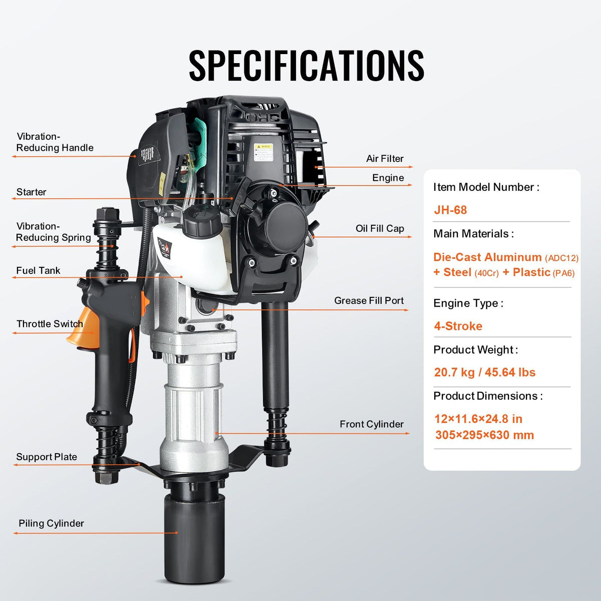 37.77cc Gas-Powered T Post Driver, 4-Stroke Engine Gasoline Fence Piling Pounder, with 2 Post Driving Head(55/70 mm) , 1000W Portable Piledriver For Farm, Ranch Fencing, Road Improvements