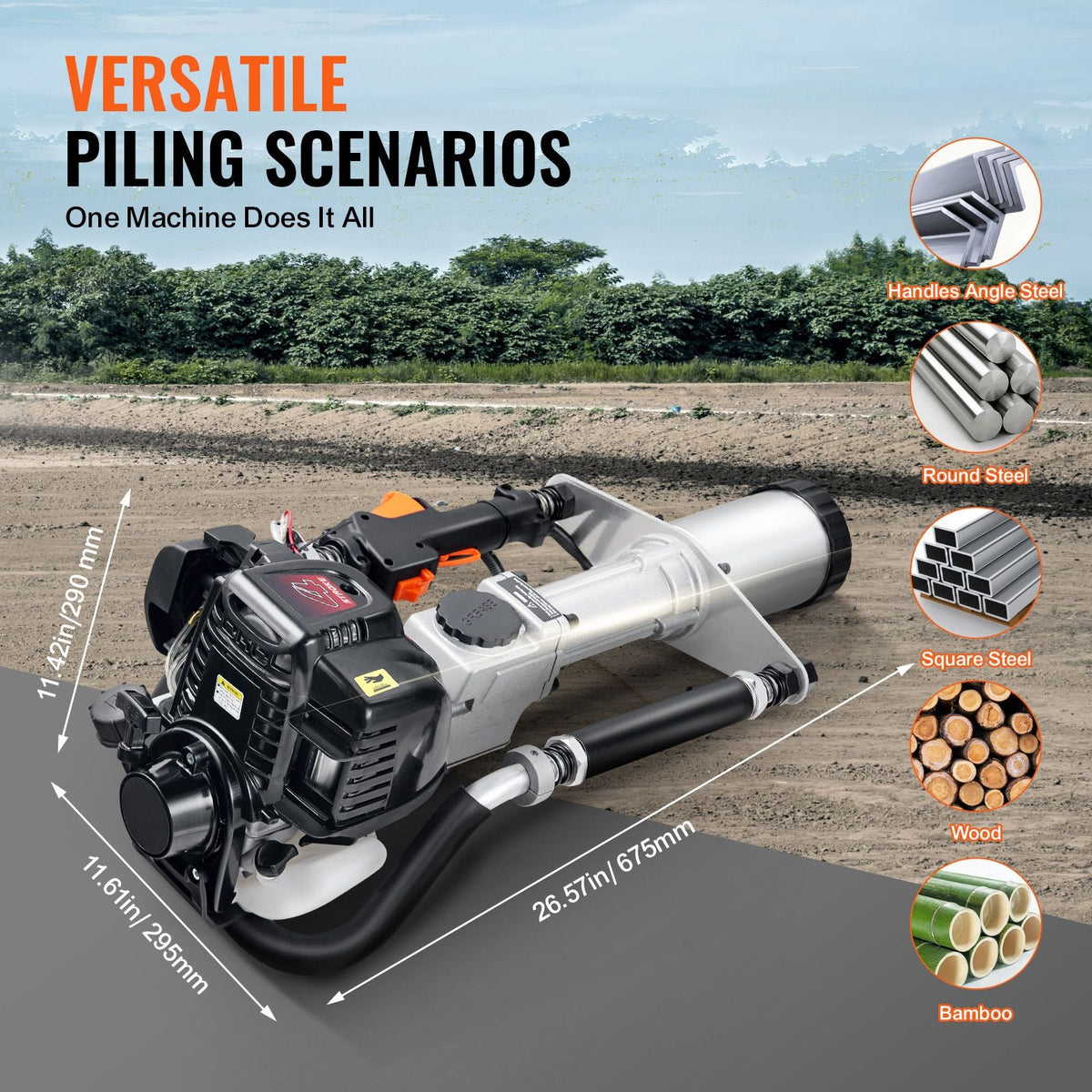 37.77cc Gas-Powered T Post Driver, 4-Stroke Engine Gasoline Fence Piling Pounder, with 3 Post Driving Head(45/55/88 mm) , 1000W Portable Piledriver For Farm, Ranch Fencing, Road Improvements
