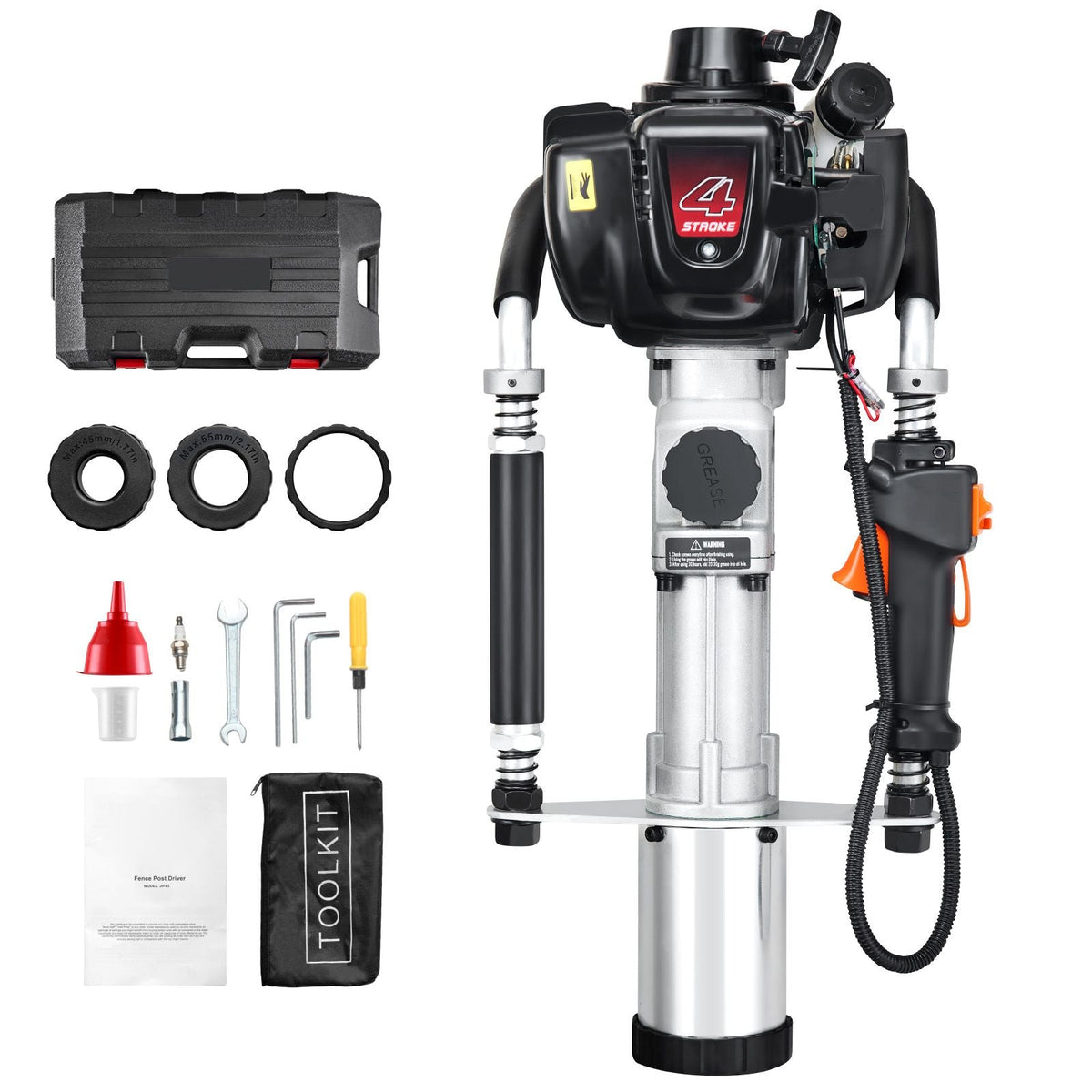 37.77cc Gas-Powered T Post Driver, 4-Stroke Engine Gasoline Fence Piling Pounder, with 3 Post Driving Head(45/55/88 mm) , 1000W Portable Piledriver For Farm, Ranch Fencing, Road Improvements