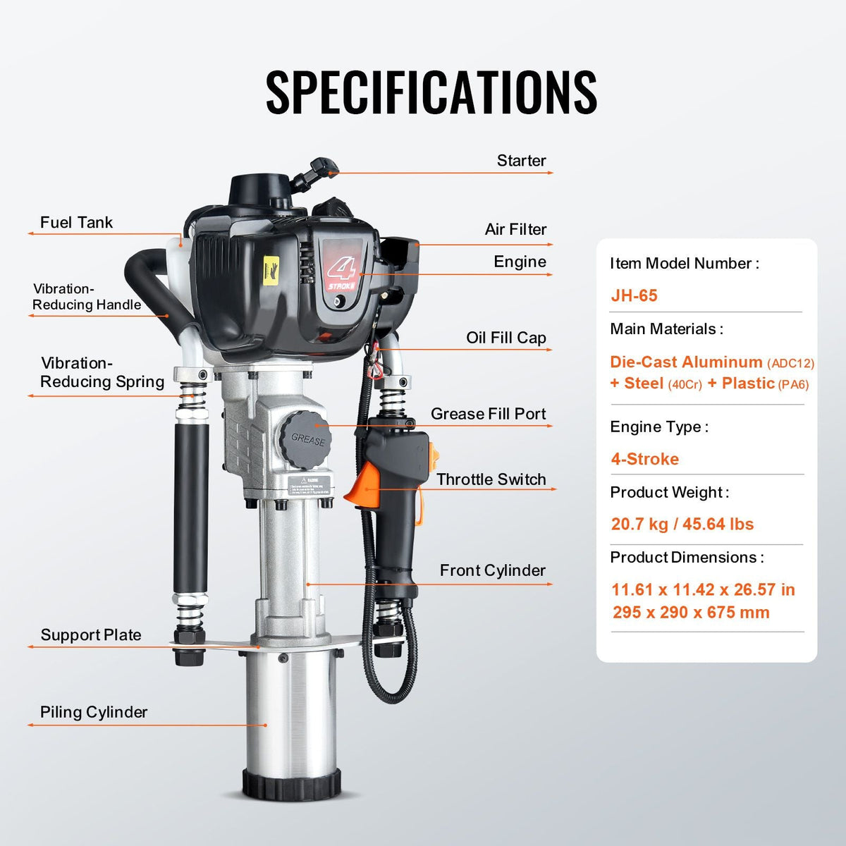 37.77cc Gas-Powered T Post Driver, 4-Stroke Engine Gasoline Fence Piling Pounder, with 3 Post Driving Head(45/55/88 mm) , 1000W Portable Piledriver For Farm, Ranch Fencing, Road Improvements