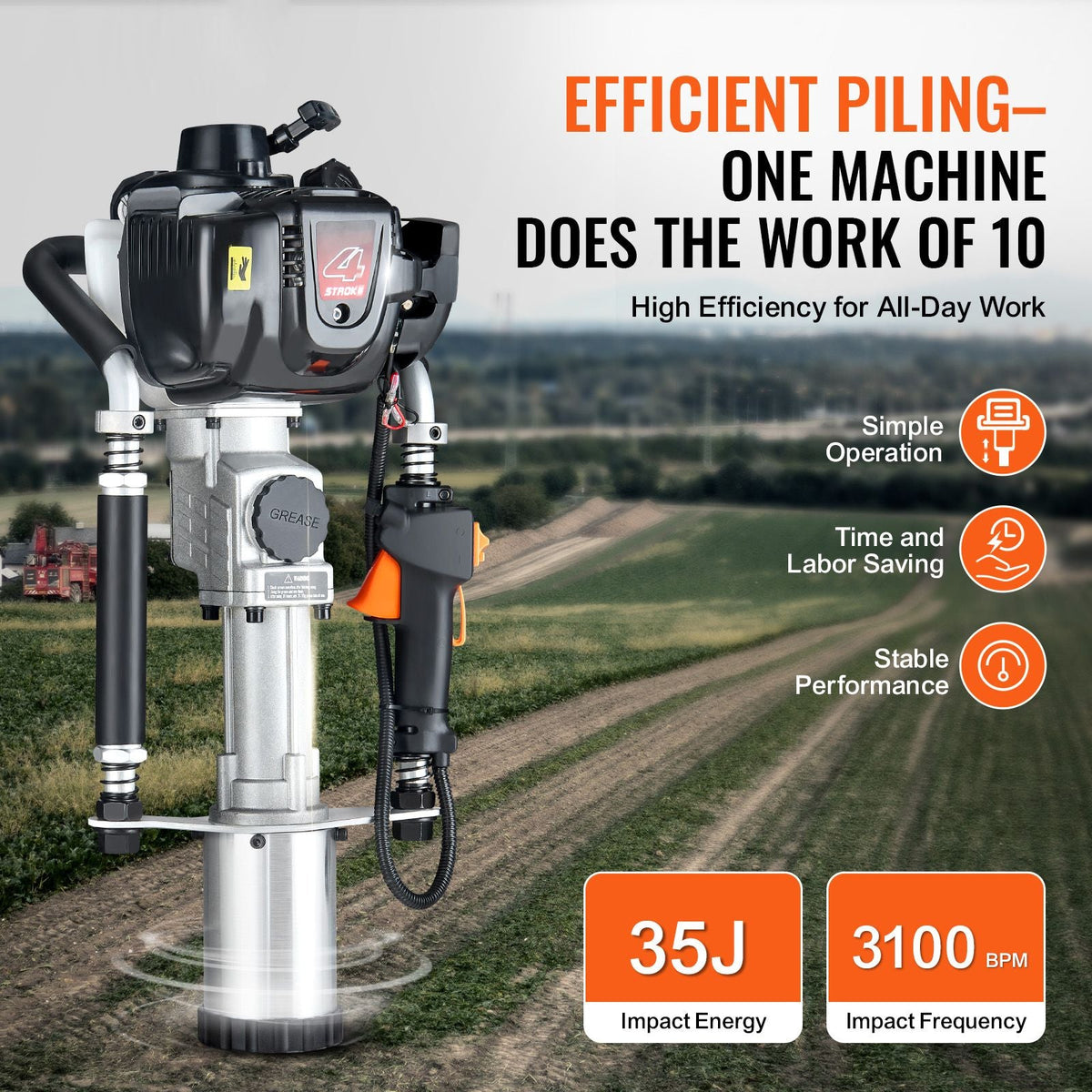 37.77cc Gas-Powered T Post Driver, 4-Stroke Engine Gasoline Fence Piling Pounder, with 3 Post Driving Head(45/55/88 mm) , 1000W Portable Piledriver For Farm, Ranch Fencing, Road Improvements