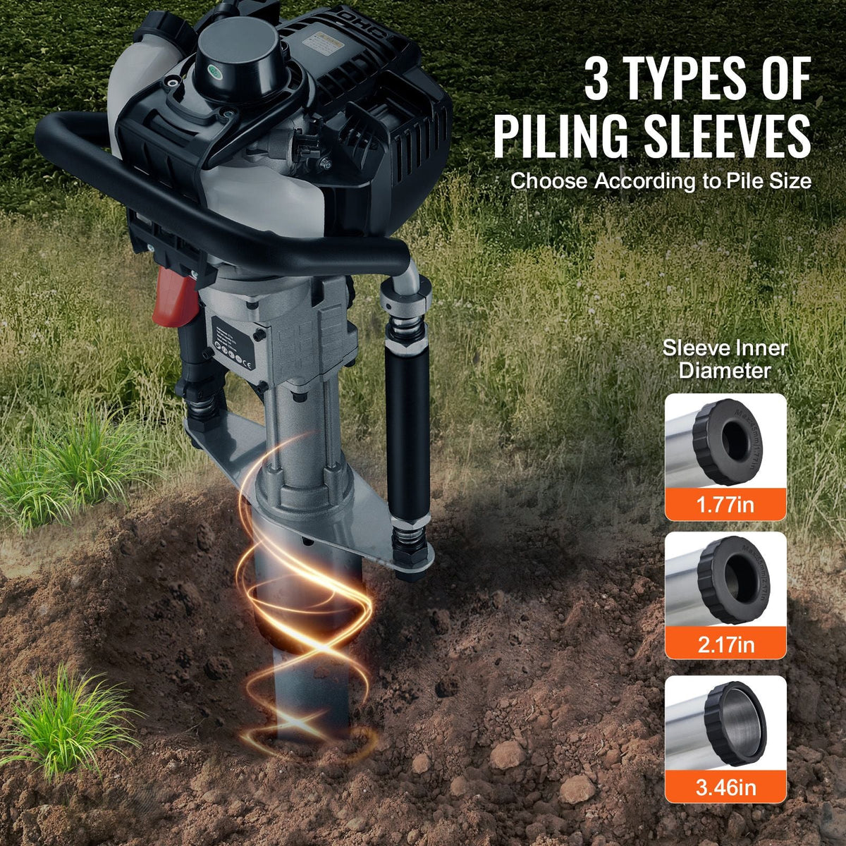 37.77cc Gas-Powered T Post Driver, 4-Stroke Engine Gasoline Fence Piling Pounder, with 3 Post Driving Head(45/55/88 mm) , 1000W Portable Piledriver For Farm, Ranch Fencing, Road Improvements