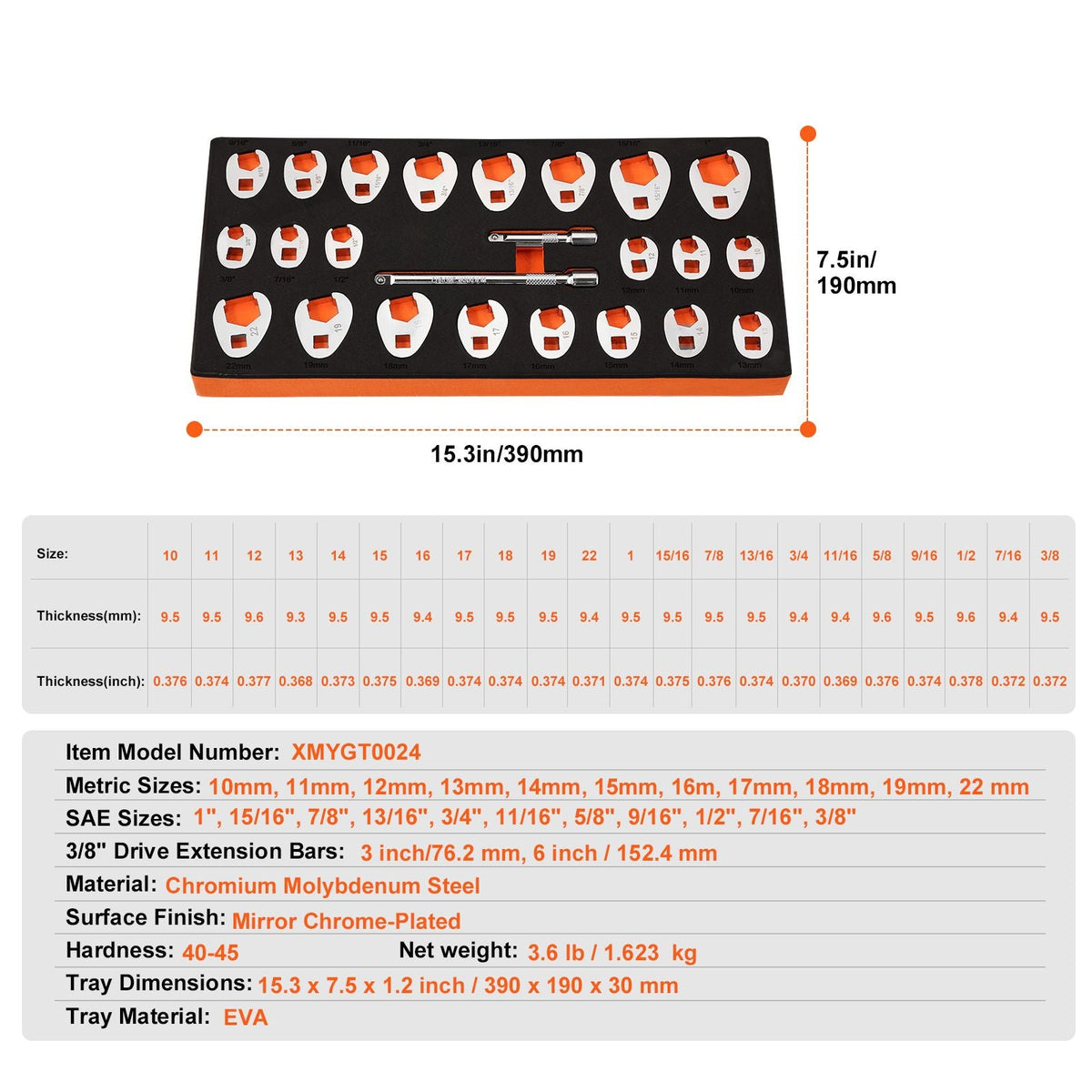 3/8" Drive Crowfoot Wrench Set with 2 Extension Bars, 24-Piece Crows Foot Wrench Set, SAE 3/8"-1" and Metric 10-22 mm, CR-MO Steel Crowfoot Wrench Set, with EVA Tool Organizer