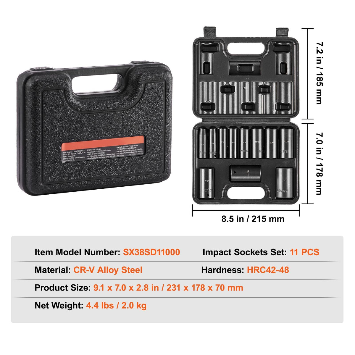 3/8" Drive Impact Socket Set, 11 Piece Deep Socket Set SAE 5/16"-1", 6 Point CR-V Alloy Steel for Auto Repair, Easy-to-Read Size Markings, Rugged Construction, Includes Storage Case