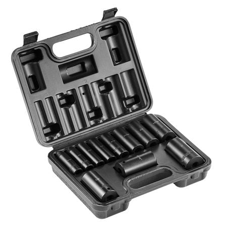 3/8" Drive Impact Socket Set, 11 Piece Deep Socket Set SAE 5/16"-1", 6 Point CR-V Alloy Steel for Auto Repair, Easy-to-Read Size Markings, Rugged Construction, Includes Storage Case