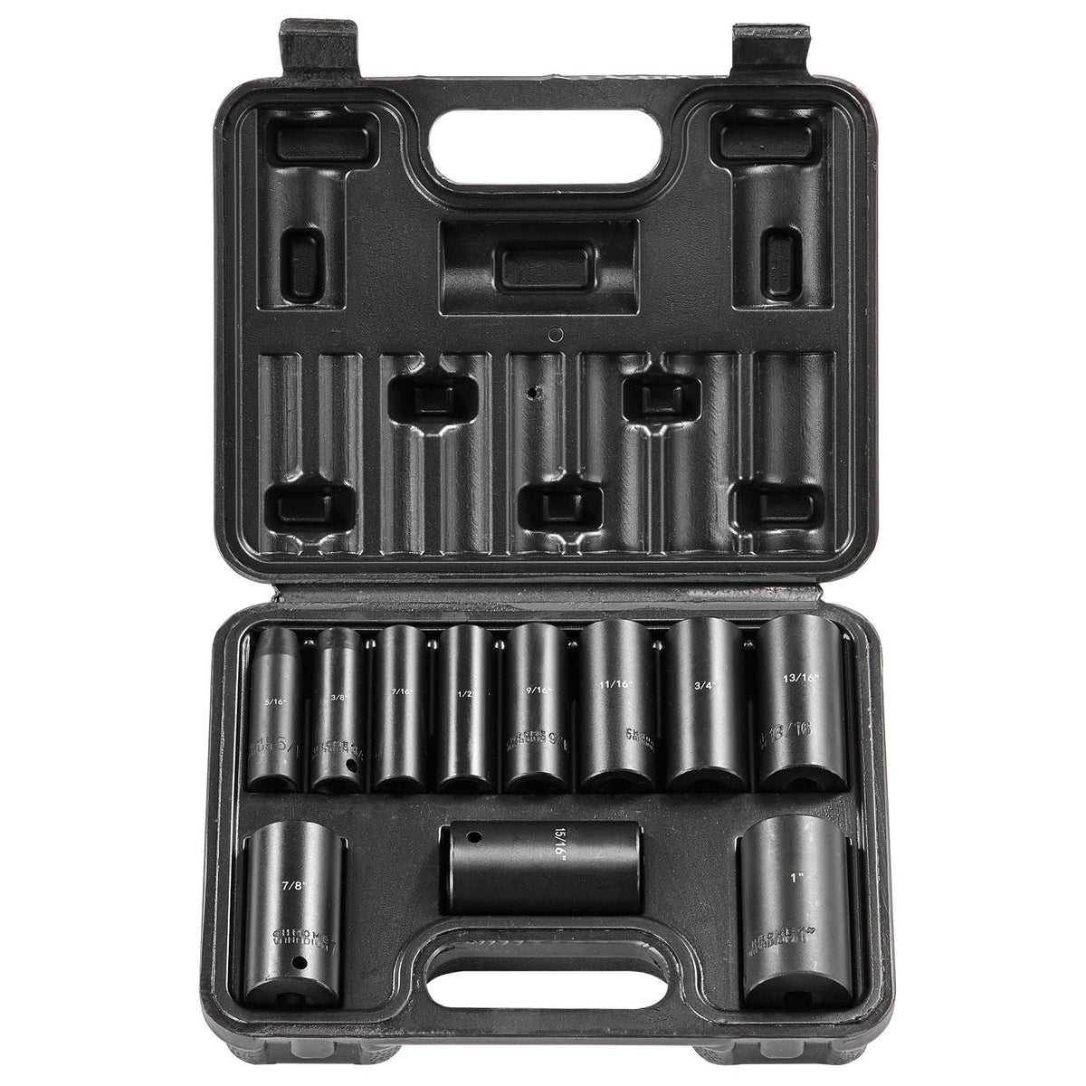 3/8" Drive Impact Socket Set, 11 Piece Deep Socket Set SAE 5/16"-1", 6 Point CR-V Alloy Steel for Auto Repair, Easy-to-Read Size Markings, Rugged Construction, Includes Storage Case