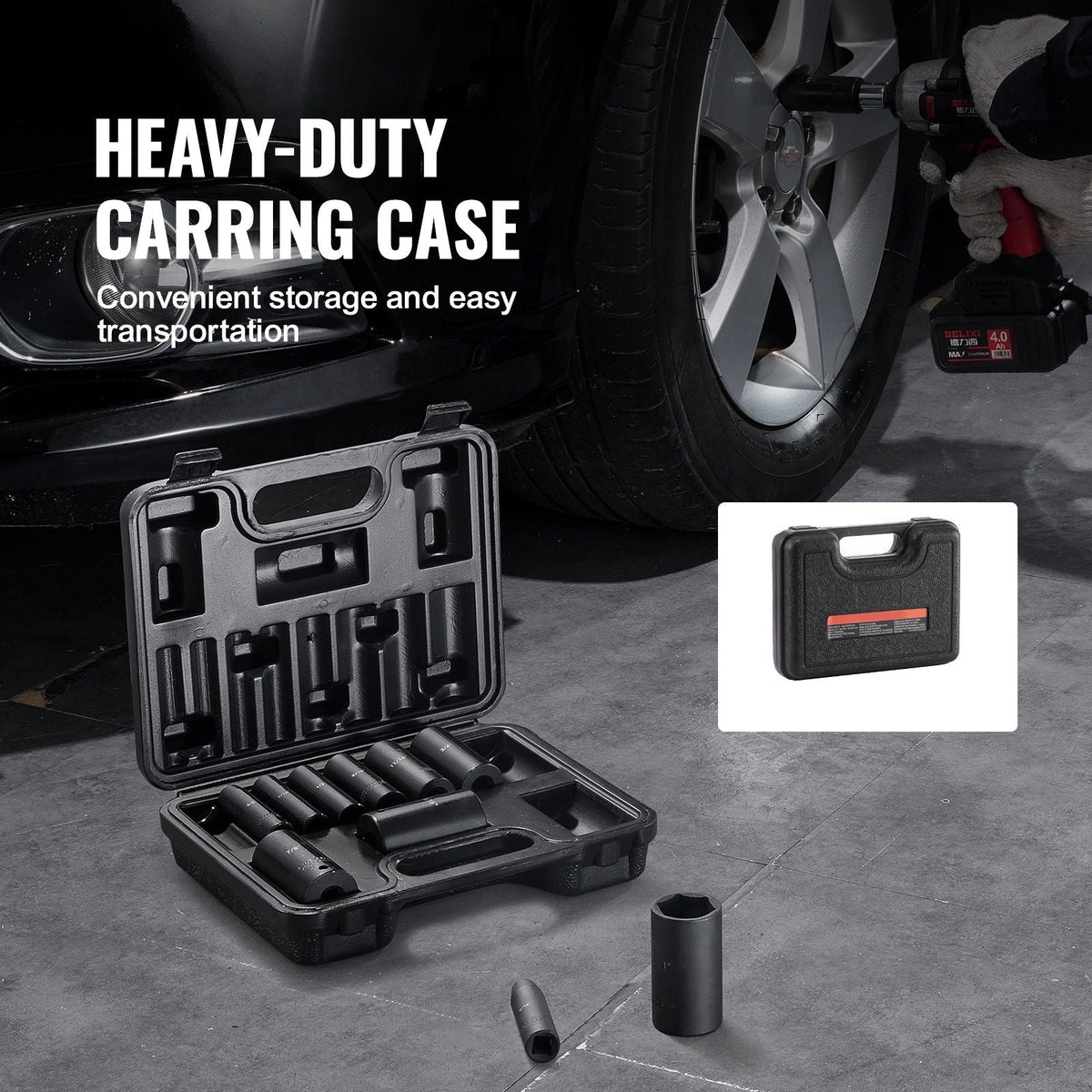3/8" Drive Impact Socket Set, 11 Piece Deep Socket Set SAE 5/16"-1", 6 Point CR-V Alloy Steel for Auto Repair, Easy-to-Read Size Markings, Rugged Construction, Includes Storage Case