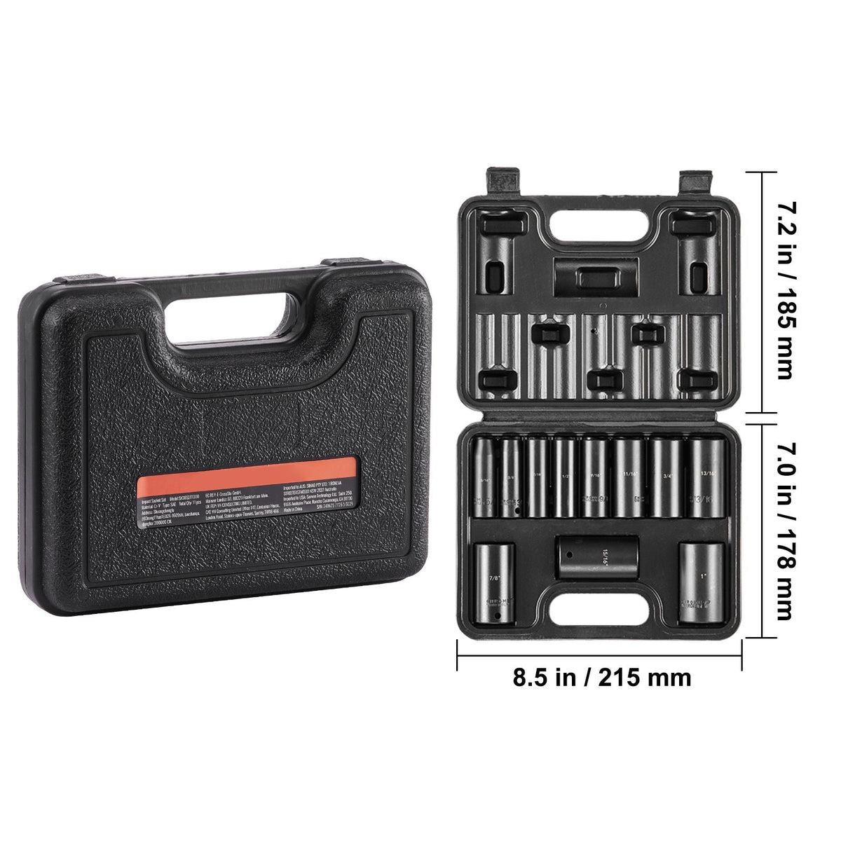 3/8" Drive Impact Socket Set, 11 Piece Deep Socket Set SAE 5/16"-1", 6 Point CR-V Alloy Steel for Auto Repair, Easy-to-Read Size Markings, Rugged Construction, Includes Storage Case