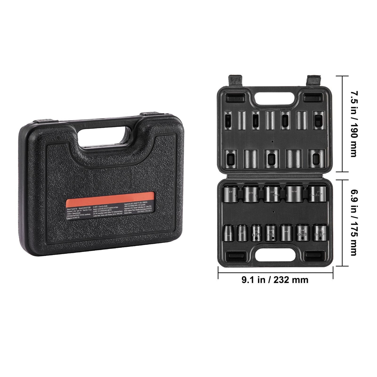 3/8" Drive Impact Socket Set, 12 Piece Shallow Socket Set SAE 5/16"-1", 6 Point Cr-Mo Alloy Steel for Auto Repair, Easy-to-Read Size Markings, Rugged Construction, Includes Storage Case
