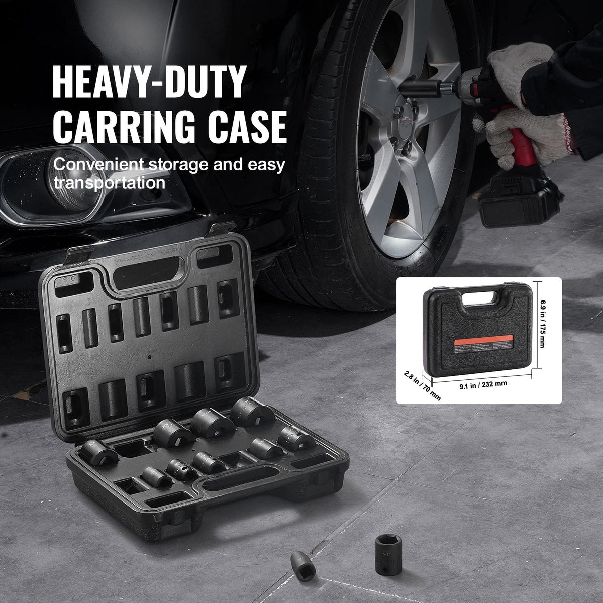 3/8" Drive Impact Socket Set, 12 Piece Shallow Socket Set SAE 5/16"-1", 6 Point Cr-Mo Alloy Steel for Auto Repair, Easy-to-Read Size Markings, Rugged Construction, Includes Storage Case