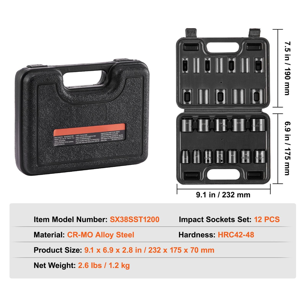 3/8" Drive Impact Socket Set, 12 Piece Shallow Socket Set SAE 5/16"-1", 6 Point Cr-Mo Alloy Steel for Auto Repair, Easy-to-Read Size Markings, Rugged Construction, Includes Storage Case