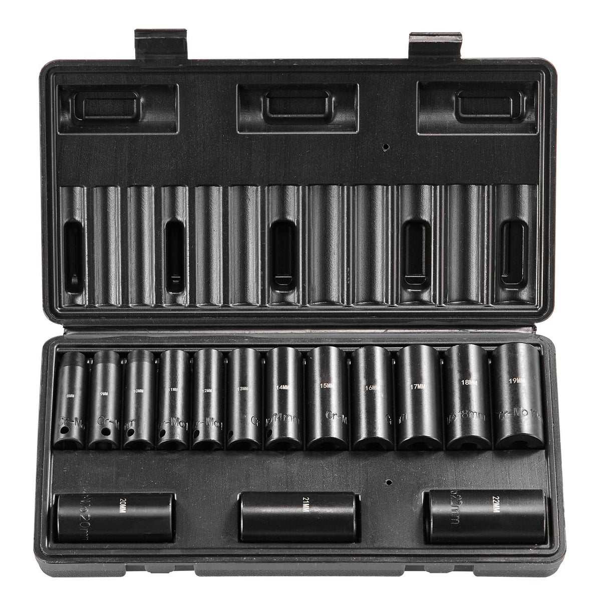 3/8" Drive Impact Socket Set, 15 Piece Deep Socket Set Metric 8-22mm, 6 Point Cr-Mo Alloy Steel for Auto Repair, Easy-to-Read Size Markings, Rugged Construction, Includes Storage Case