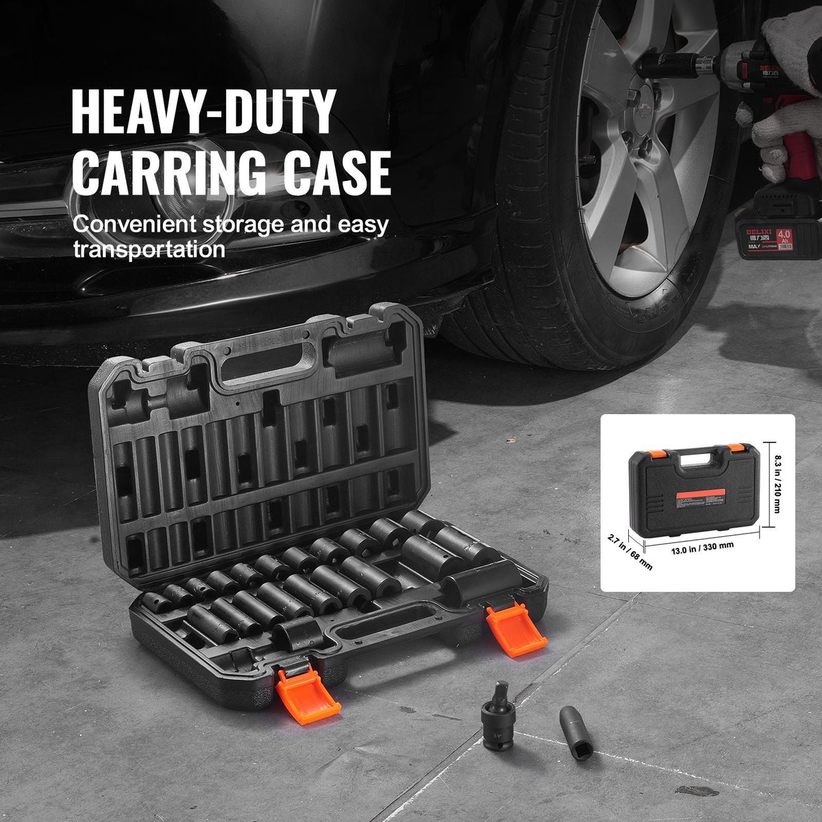 3/8" Drive Impact Socket Set, 25 Piece Deep & Shallow Socket Set SAE 5/16" - 1", 6 Point Cr-Mo Alloy Steel for Auto Repair, Easy-to-Read Size Markings, Rugged Construction, Includes Storage Case