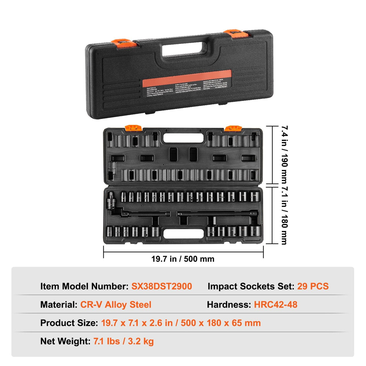 3/8" Drive Impact Socket Set, 29 Piece Shallow Socket Set SAE 3/8"-1" and Metric 8-22mm, 6 Point CR-MO Alloy Steel for Auto Repair, Easy-to-Read Size Markings, Rugged Construction, Storage Case