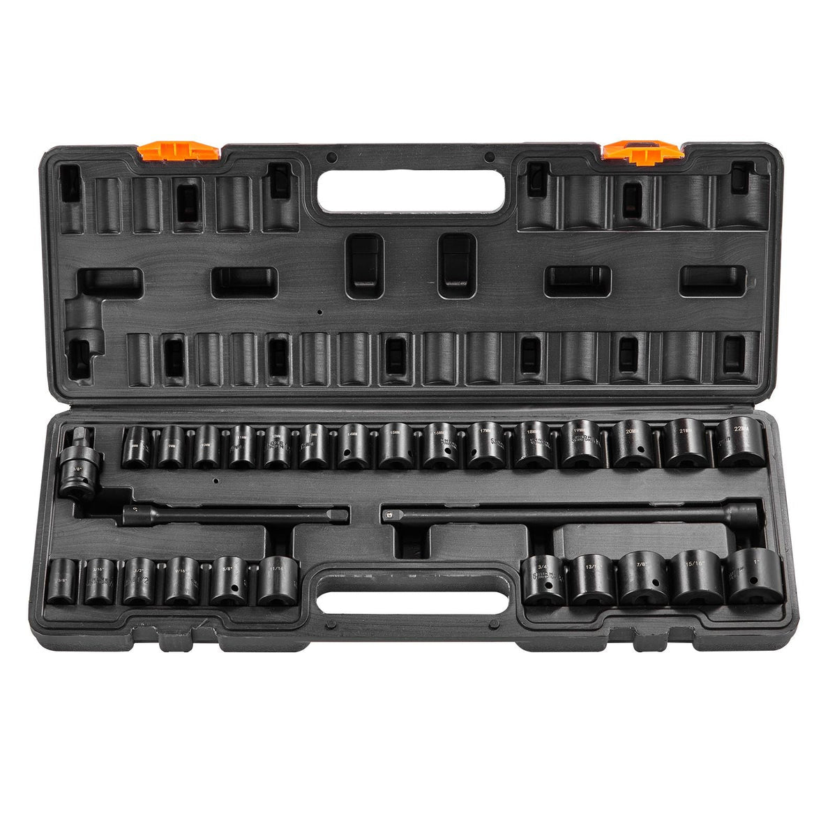 3/8" Drive Impact Socket Set, 29 Piece Shallow Socket Set SAE 3/8"-1" and Metric 8-22mm, 6 Point CR-MO Alloy Steel for Auto Repair, Easy-to-Read Size Markings, Rugged Construction, Storage Case