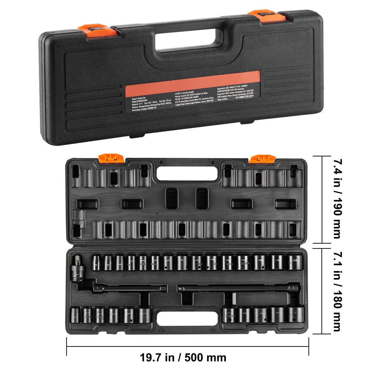 3/8" Drive Impact Socket Set, 29 Piece Shallow Socket Set SAE 3/8"-1" and Metric 8-22mm, 6 Point CR-MO Alloy Steel for Auto Repair, Easy-to-Read Size Markings, Rugged Construction, Storage Case