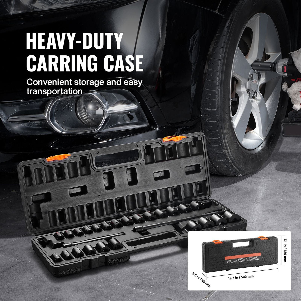 3/8" Drive Impact Socket Set, 29 Piece Shallow Socket Set SAE 3/8"-1" and Metric 8-22mm, 6 Point CR-MO Alloy Steel for Auto Repair, Easy-to-Read Size Markings, Rugged Construction, Storage Case