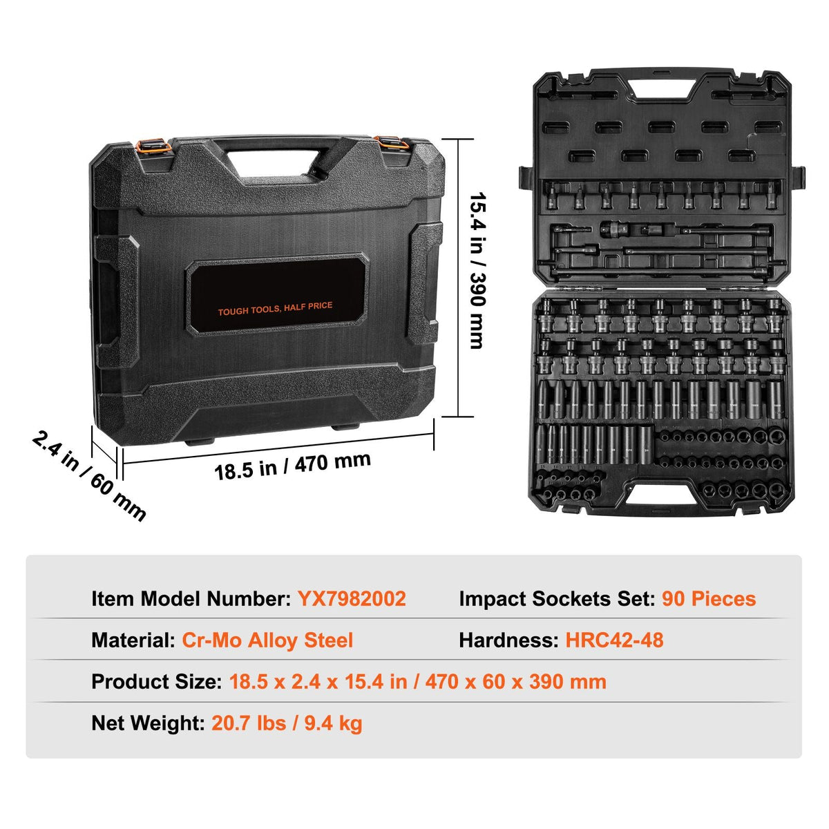 3/8" Drive Impact Socket Set, SAE 1/4"-3/4" and Metric 6-19mm 90 Piece Socket Set, 6 Point Cr-Mo Alloy Steel for Auto Repair, Includes Extension Bars Universal Joint Adapter Lock Storage Case