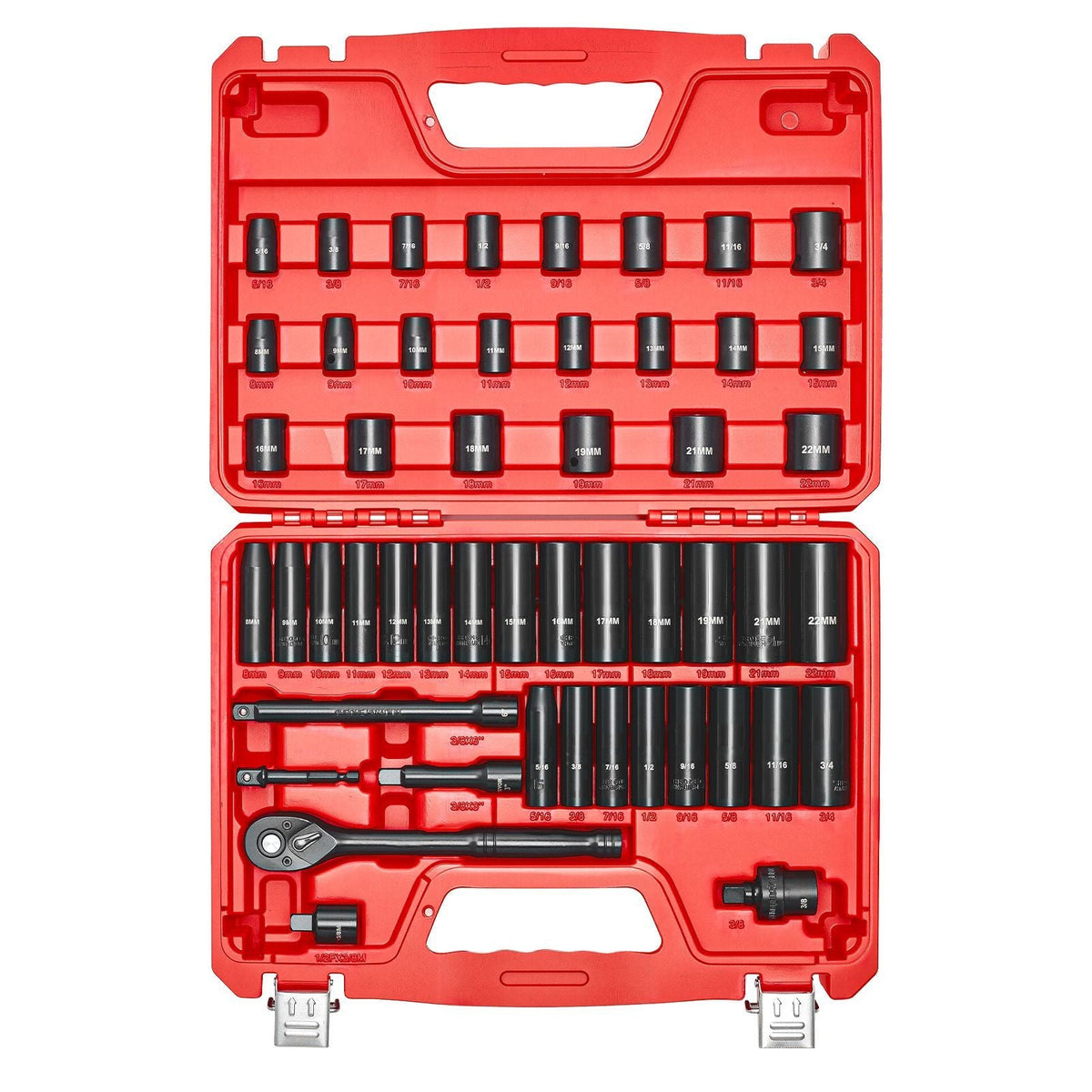 3/8 in Drive Impact Socket Set, 50 Piece, 6 Point Deep & Shallow Impact Sockets, SAE (5/16 in to 3/4 in) and Metric (8 to 22 mm) Sizes with 3 in & 6 in Extension Bars, Cr-V Steel, Carrying Case