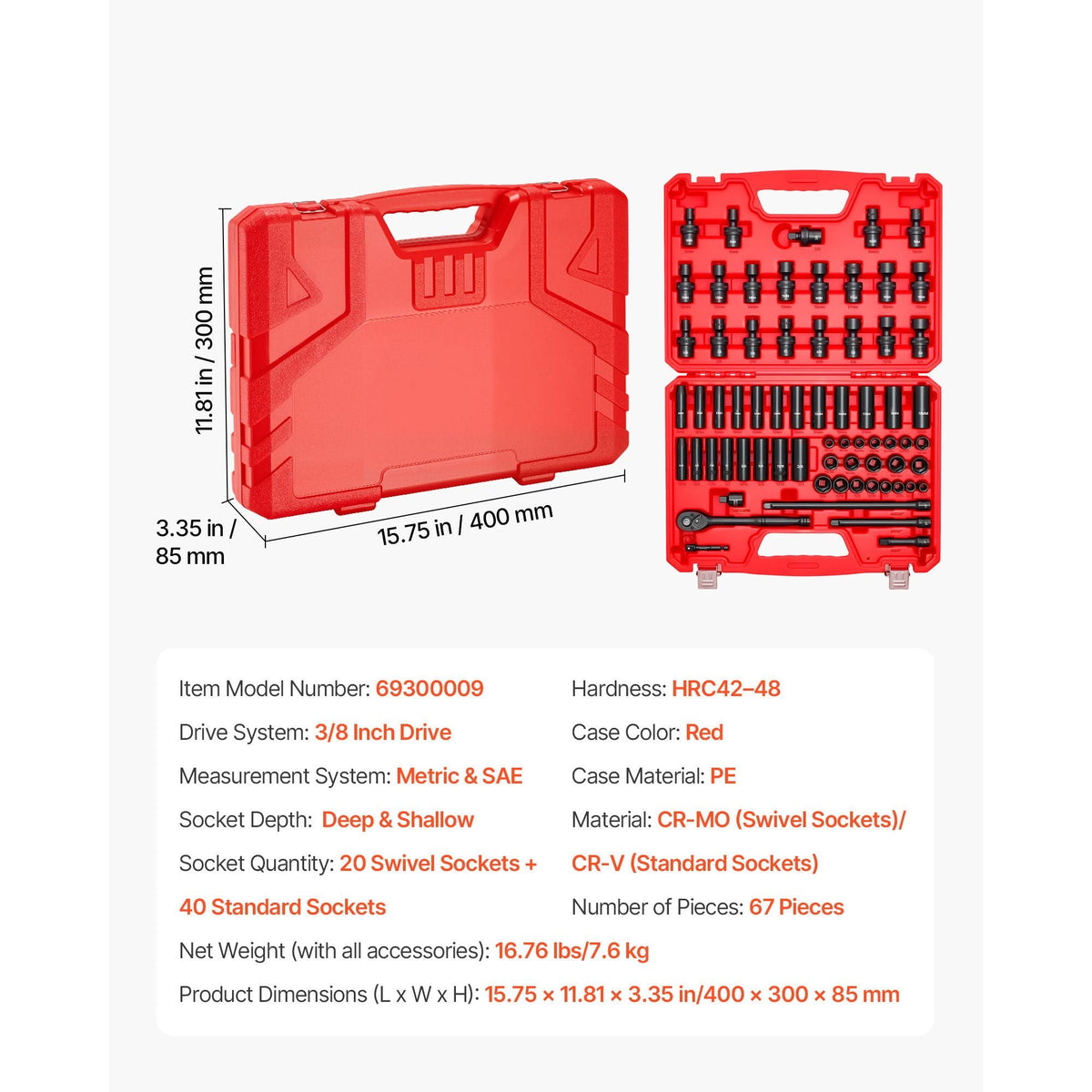 3/8 in Drive Impact Socket Set, 67 Piece, 6 Point Shallow & Deep Impact Sockets, SAE (5/16 in to 3/4 in) and Metric (8 mm to 19 mm), Swivel Sockets, Adapters, Cr-V & Cr-Mo Steel, Carrying Case