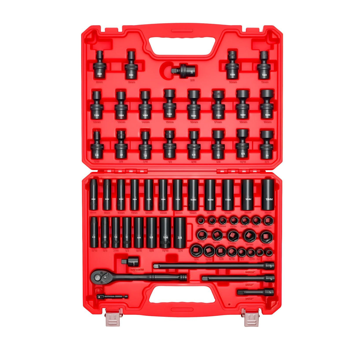 3/8 in Drive Impact Socket Set, 67 Piece, 6 Point Shallow & Deep Impact Sockets, SAE (5/16 in to 3/4 in) and Metric (8 mm to 19 mm), Swivel Sockets, Adapters, Cr-V & Cr-Mo Steel, Carrying Case