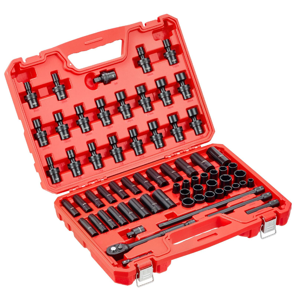 3/8 in Drive Impact Socket Set, 67 Piece, 6 Point Shallow & Deep Impact Sockets, SAE (5/16 in to 3/4 in) and Metric (8 mm to 19 mm), Swivel Sockets, Adapters, Cr-V & Cr-Mo Steel, Carrying Case