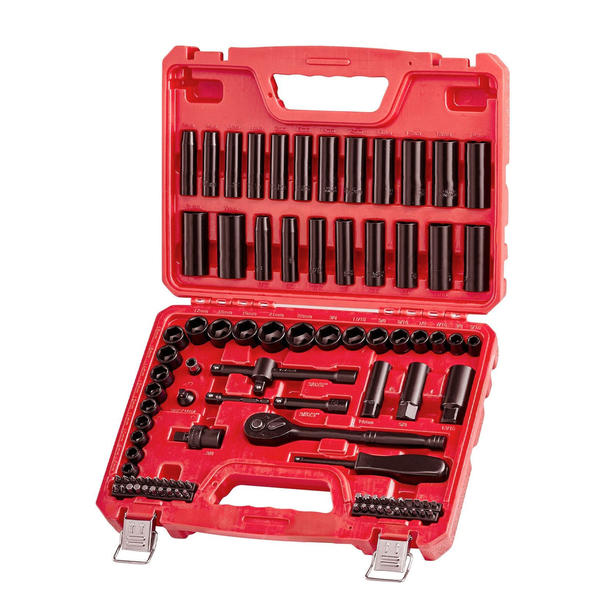 3/8 in Drive Impact Socket Set, 96 Piece, 6 Point Deep & Shallow Impact Sockets, SAE (5/16 in to 3/4 in) and Metric (8 to 22 mm) Sizes with 3 in & 6 in Extension Bars, Cr-V Steel, Carrying Case