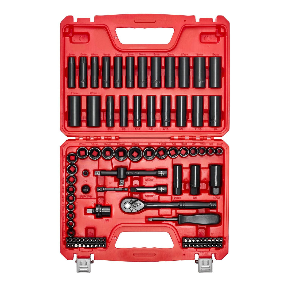 3/8 in Drive Impact Socket Set, 96 Piece, 6 Point Deep & Shallow Impact Sockets, SAE (5/16 in to 3/4 in) and Metric (8 to 22 mm) Sizes with 3 in & 6 in Extension Bars, Cr-V Steel, Carrying Case