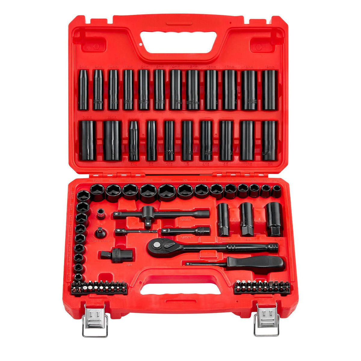 3/8 in Drive Impact Socket Set, 96 Piece, 6 Point Deep & Shallow Impact Sockets, SAE (5/16 in to 3/4 in) and Metric (8 to 22 mm) Sizes with 3 in & 6 in Extension Bars, Cr-V Steel, Carrying Case
