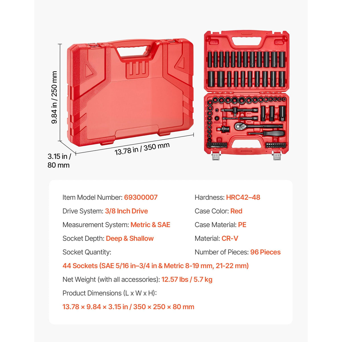 3/8 in Drive Impact Socket Set, 96 Piece, 6 Point Deep & Shallow Impact Sockets, SAE (5/16 in to 3/4 in) and Metric (8 to 22 mm) Sizes with 3 in & 6 in Extension Bars, Cr-V Steel, Carrying Case
