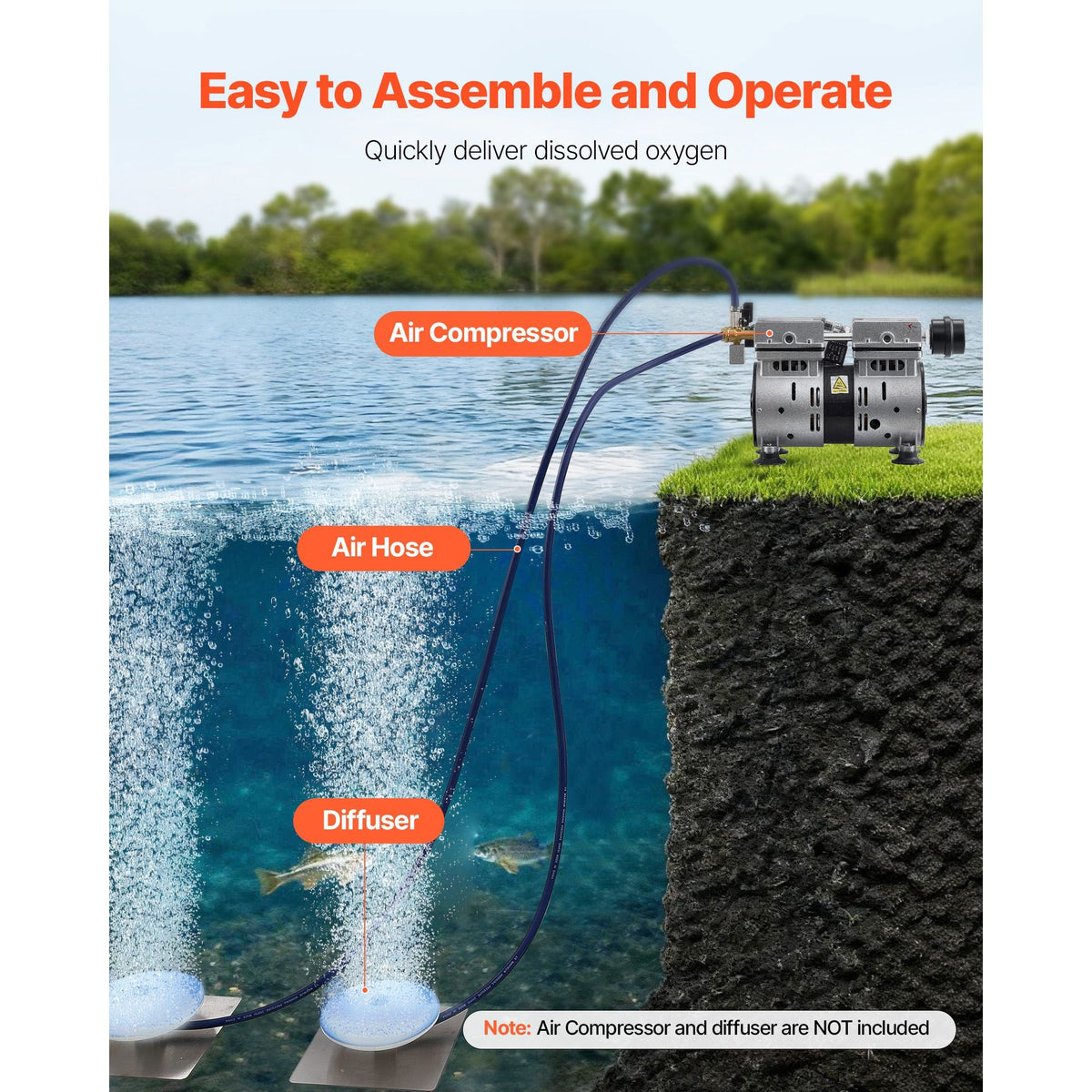 3/8 in Self Sinking Aeration Hose, 100 Ft Long Weighted Pond Aerator Hose Kit, Heavy Duty Rubber Pond Aeration Tubing, Flexible Airline for Lake Water Garden Aerators & Diffusers