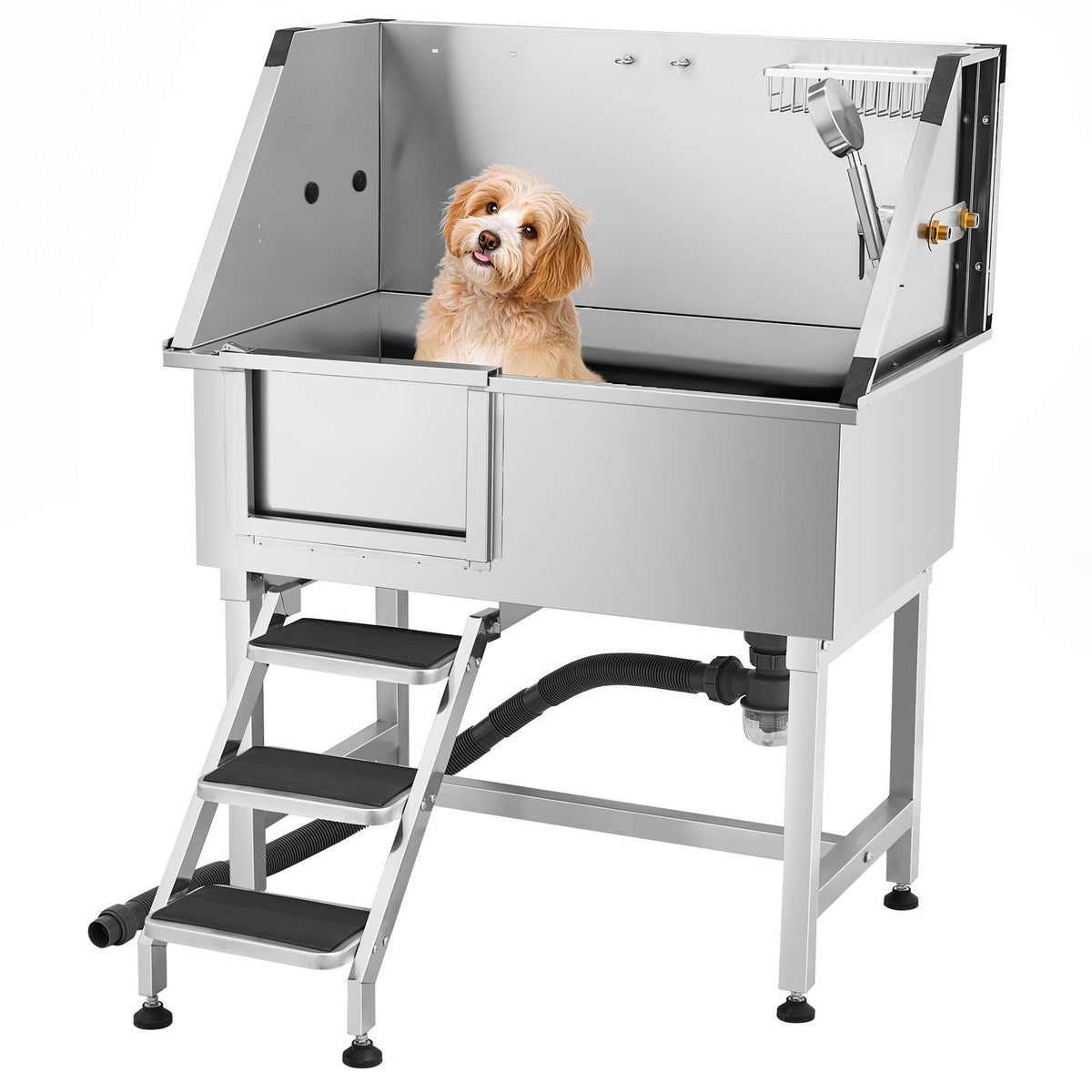 38 Inch Stainless Steel Dog Washing Station, Pet Grooming Tub with Hot & Cold Faucet, Showerhead, Home Wash Sink, Fits Small and Medium Cats and Dogs, Non-Slip Stairs (Left Door)