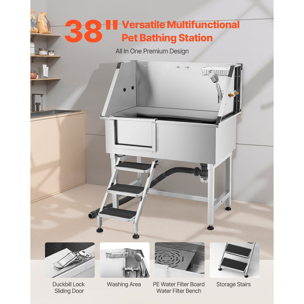 38 Inch Stainless Steel Dog Washing Station, Pet Grooming Tub with Hot & Cold Faucet, Showerhead, Home Wash Sink, Fits Small and Medium Cats and Dogs, Non-Slip Stairs (Left Door)