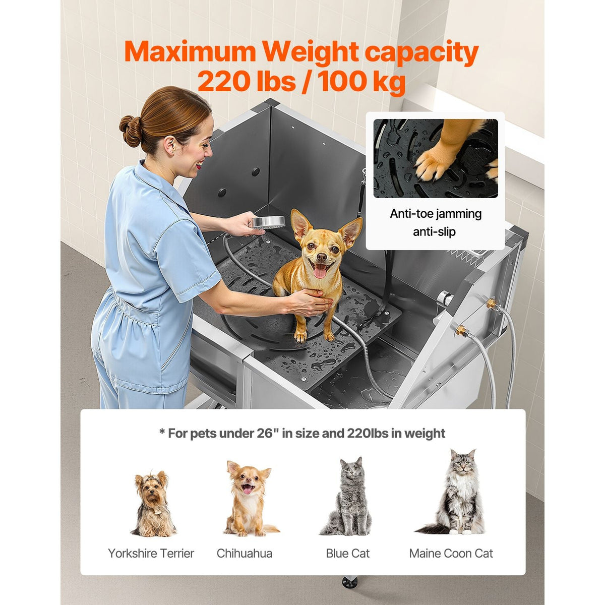 38 Inch Stainless Steel Dog Washing Station, Pet Grooming Tub with Hot & Cold Faucet, Showerhead, Home Wash Sink, Fits Small and Medium Cats and Dogs, Non-Slip Stairs (Left Door)