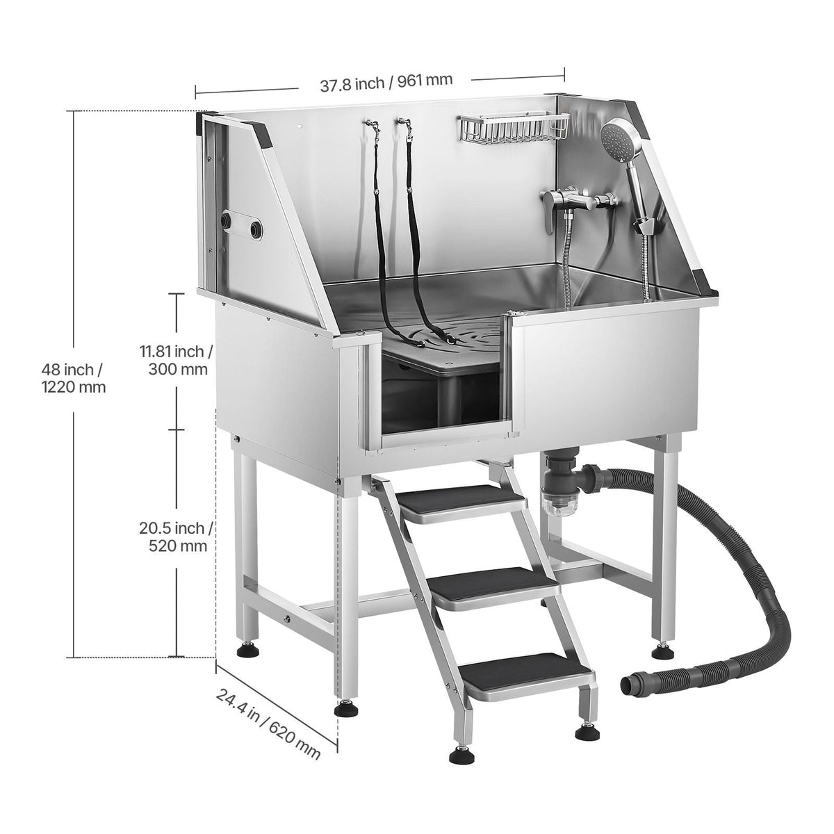 38 Inch Stainless Steel Dog Washing Station, Pet Grooming Tub with Hot & Cold Faucet, Showerhead, Home Wash Sink, Fits Small and Medium Cats and Dogs, Non-Slip Stairs (Left Door)