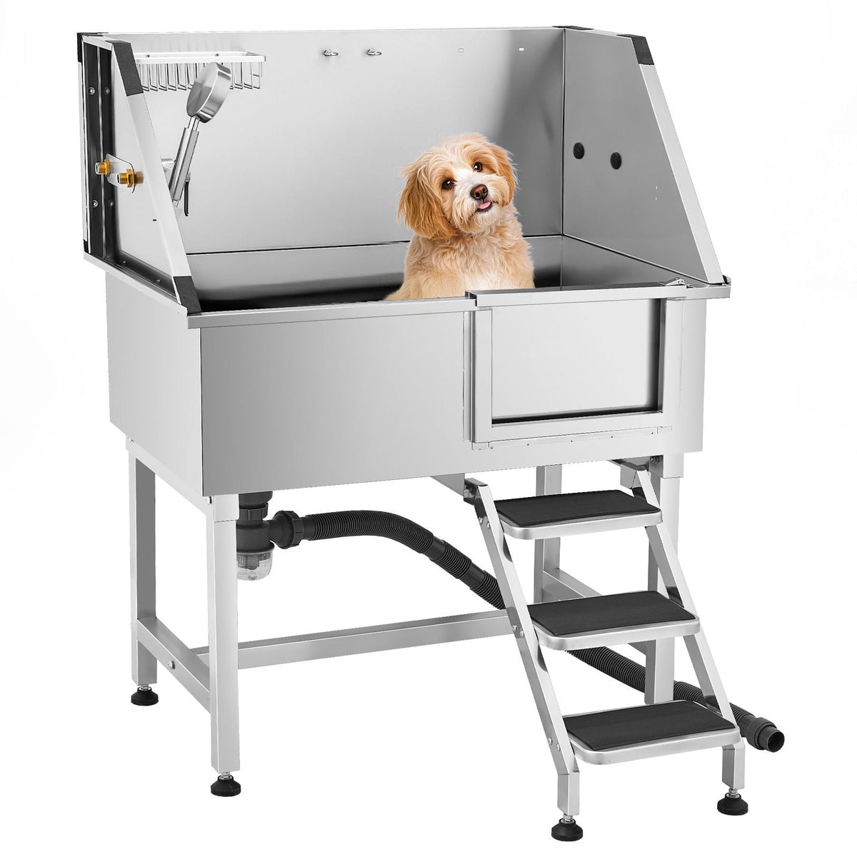 38 Inch Stainless Steel Dog Washing Station, Pet Grooming Tub with Hot & Cold Faucet, Showerhead, Home Wash Sink, Fits Small and Medium Cats and Dogs, Non-Slip Stairs (Right Door)