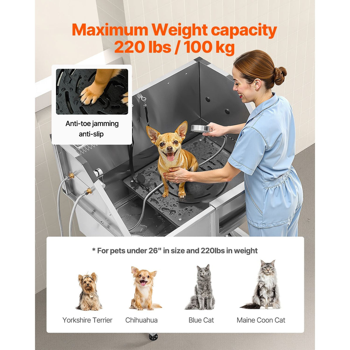38 Inch Stainless Steel Dog Washing Station, Pet Grooming Tub with Hot & Cold Faucet, Showerhead, Home Wash Sink, Fits Small and Medium Cats and Dogs, Non-Slip Stairs (Right Door)