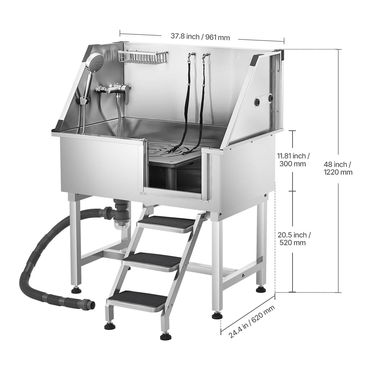 38 Inch Stainless Steel Dog Washing Station, Pet Grooming Tub with Hot & Cold Faucet, Showerhead, Home Wash Sink, Fits Small and Medium Cats and Dogs, Non-Slip Stairs (Right Door)