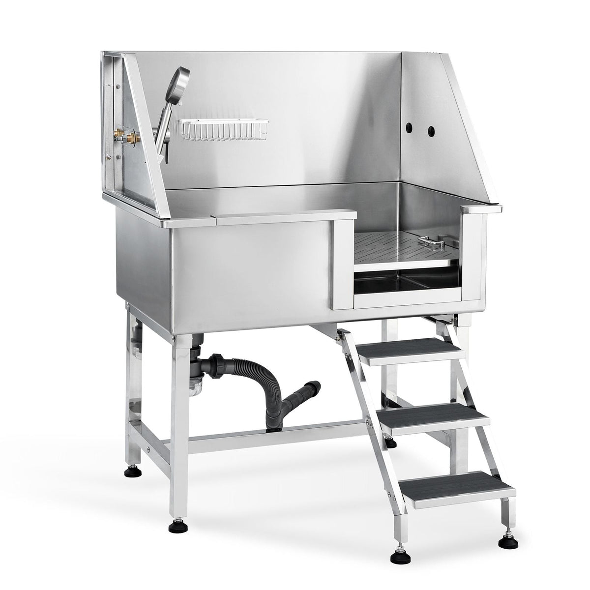 38" Pet Dog Bathing Station w/Ramp, Professional Stainless Steel Dog Grooming Tub w/ Storage Drawer, Floor Grate, Faucet, Dog Bathtub for Large,Medium,Small Pets, Washing Sink for Home(Right)