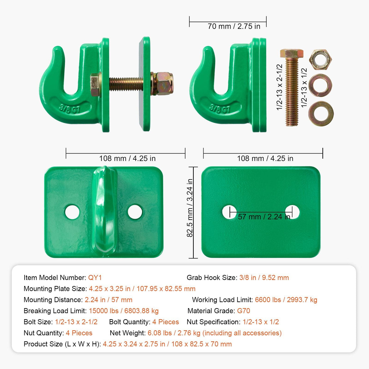 3/8" Tractor Bucket Hooks Grade 70 Forged Steel 2 Pack Bolt On Grab Hooks Heavy Duty Mount With Backer Plate, Maximum Break Strength 15,000 Lbs, Compatible For Tractor Bucket, Rv, Pickup, Truck