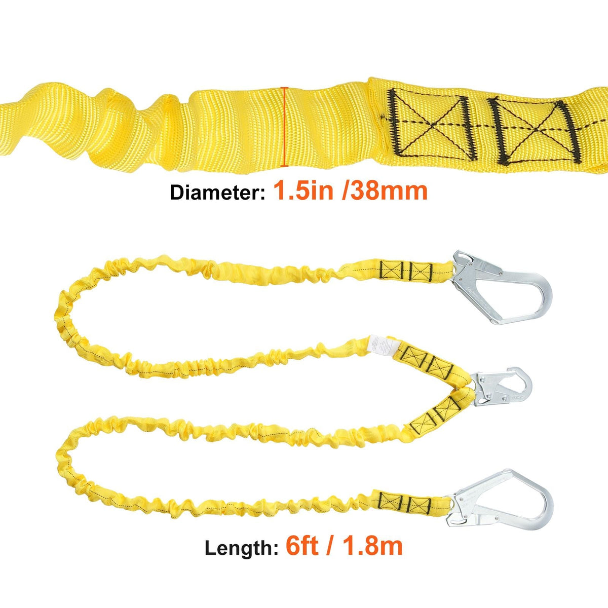 38mm Safety Lanyard, 6ft(1.83m) Fall Protection Lanyard with 2 Alloy Steel Snap Hooks, Retractable Safety Belt for Outdoor/Indoor Tree Climbing, 38KN Breaking Tension Lanyard, Yellow