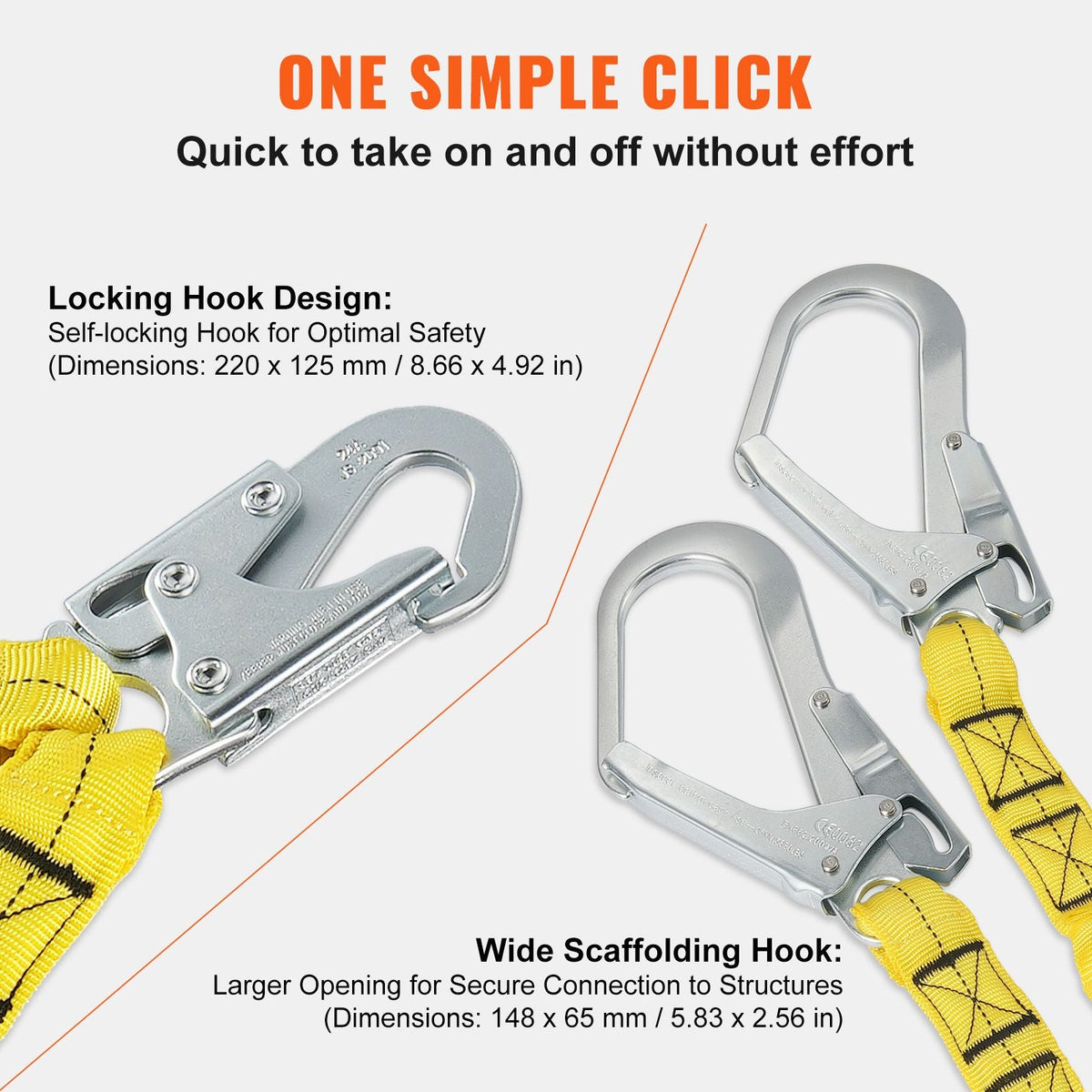 38mm Safety Lanyard, 6ft(1.83m) Fall Protection Lanyard with 2 Alloy Steel Snap Hooks, Retractable Safety Belt for Outdoor/Indoor Tree Climbing, 38KN Breaking Tension Lanyard, Yellow