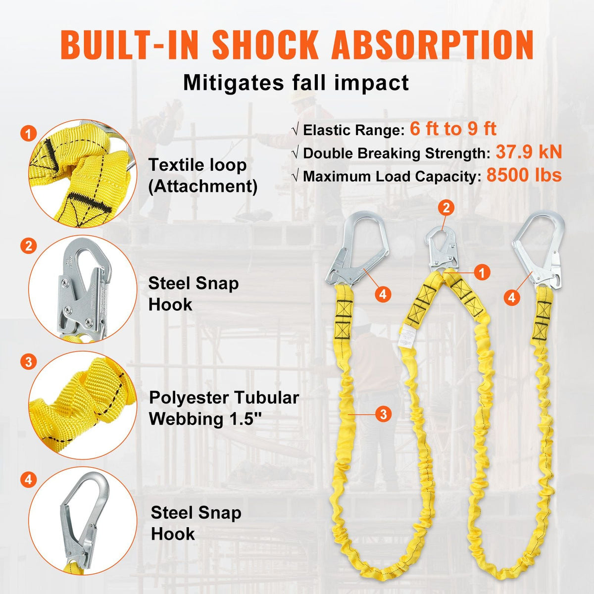 38mm Safety Lanyard, 6ft(1.83m) Fall Protection Lanyard with 2 Alloy Steel Snap Hooks, Retractable Safety Belt for Outdoor/Indoor Tree Climbing, 38KN Breaking Tension Lanyard, Yellow