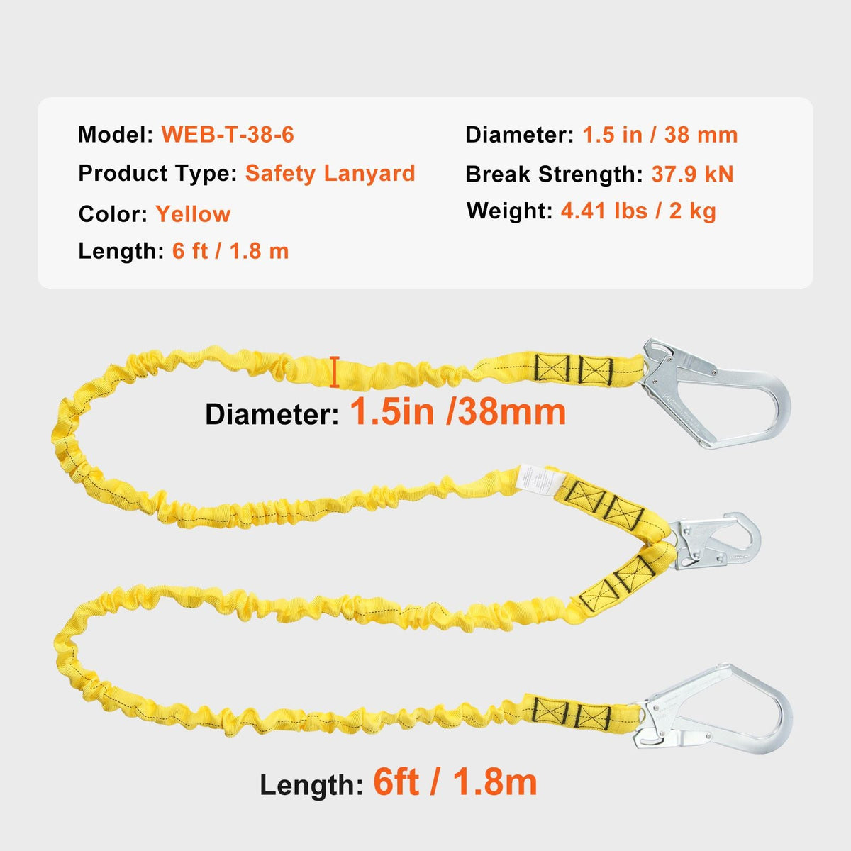 38mm Safety Lanyard, 6ft(1.83m) Fall Protection Lanyard with 2 Alloy Steel Snap Hooks, Retractable Safety Belt for Outdoor/Indoor Tree Climbing, 38KN Breaking Tension Lanyard, Yellow