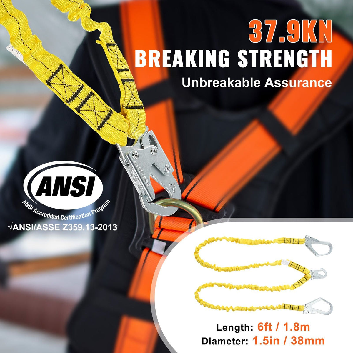 38mm Safety Lanyard, 6ft(1.83m) Fall Protection Lanyard with 2 Alloy Steel Snap Hooks, Retractable Safety Belt for Outdoor/Indoor Tree Climbing, 38KN Breaking Tension Lanyard, Yellow