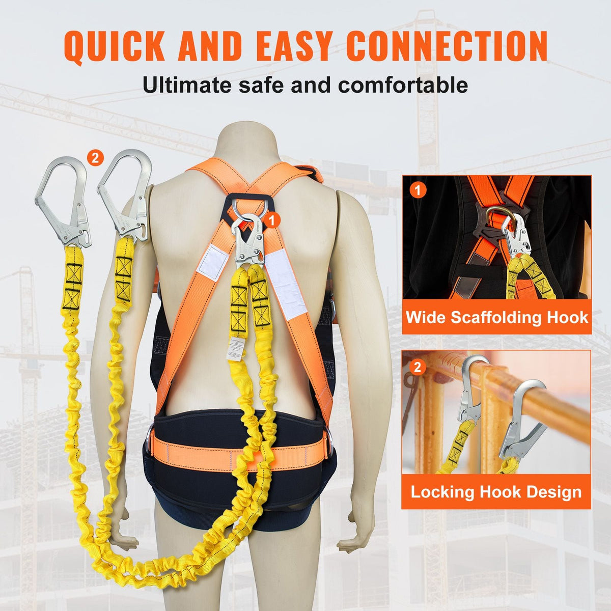 38mm Safety Lanyard, 6ft(1.83m) Fall Protection Lanyard with 2 Alloy Steel Snap Hooks, Retractable Safety Belt for Outdoor/Indoor Tree Climbing, 38KN Breaking Tension Lanyard, Yellow
