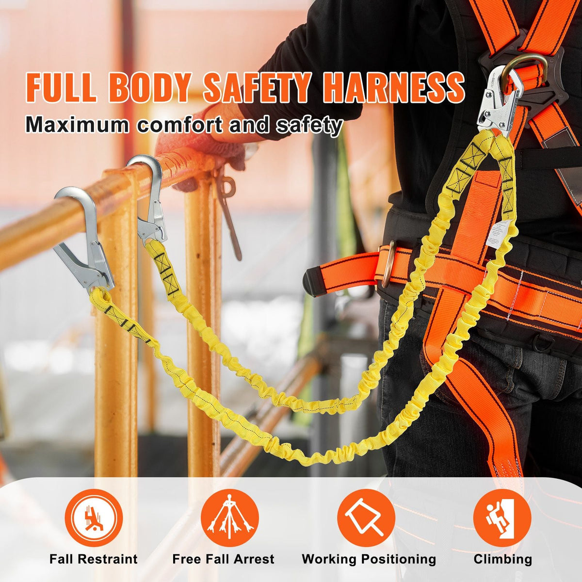38mm Safety Lanyard, 6ft(1.83m) Fall Protection Lanyard with 2 Alloy Steel Snap Hooks, Retractable Safety Belt for Outdoor/Indoor Tree Climbing, 38KN Breaking Tension Lanyard, Yellow