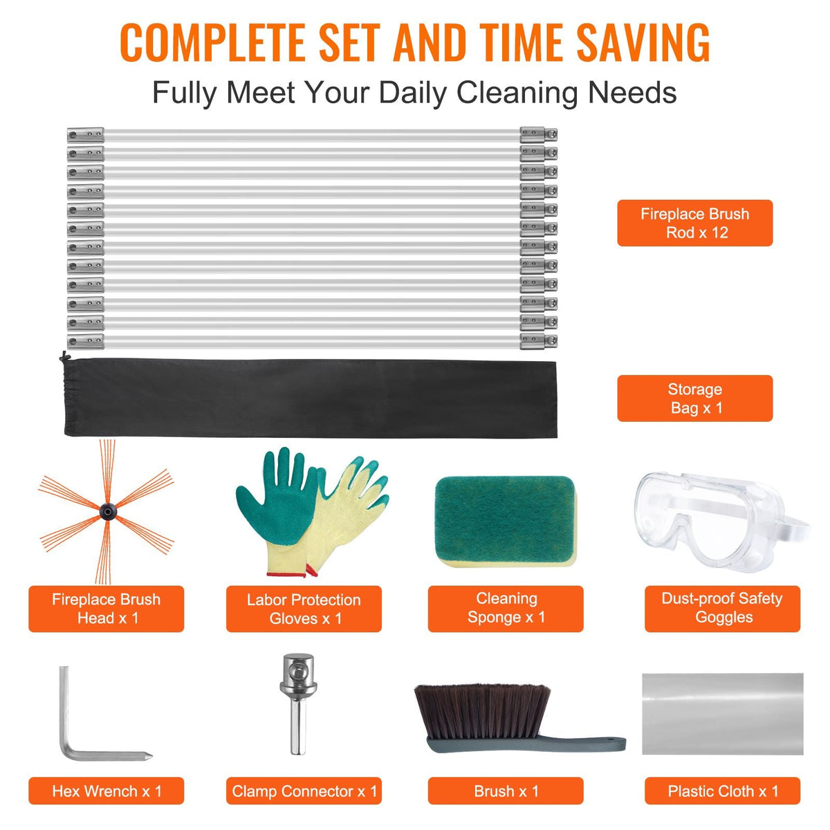 39 Feet Chimney Sweep Kit, w/ 12 Reinforced Nylon Flexible Rods, Ergonomic Chimney Cleaning Brush, 360-Degree Brush Chimney Cleaner, Rich Accessories for Fireplace Flue Home Use Fits most Pipes